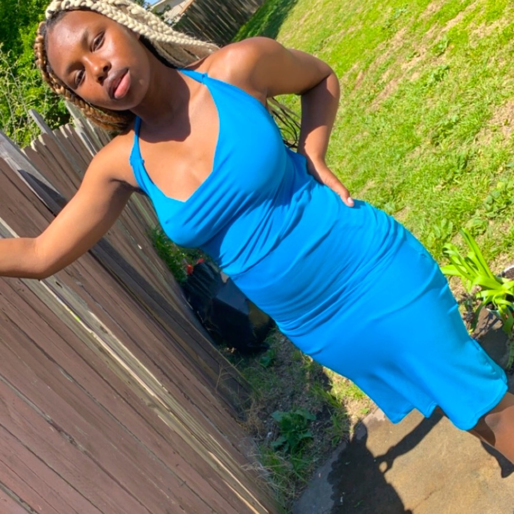 Blue cowl neck body con dress
